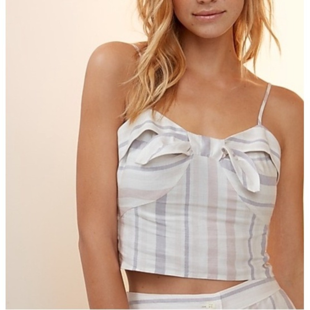 Express Cami Crop Top Striped Linen Blend Tie Front White Pink Coquette M